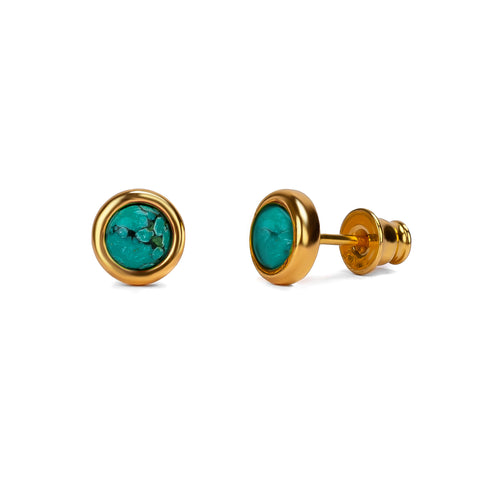 Small Round Stud Earrings in Silver with 24ct Gold & Natural Turquoise