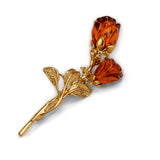 Romantic English Rose Flower Brooch in Silver and Cognac Amber