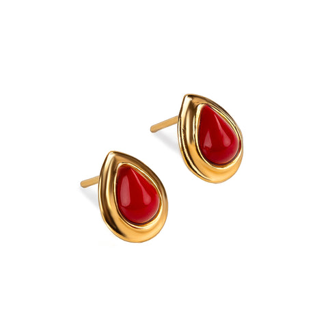 Classic Teardrop Stud Earrings in Silver with 24ct Gold and Coral