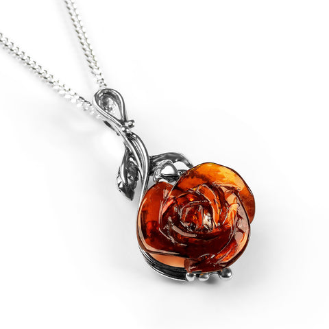 Rose Necklace in Silver and Cognac Amber