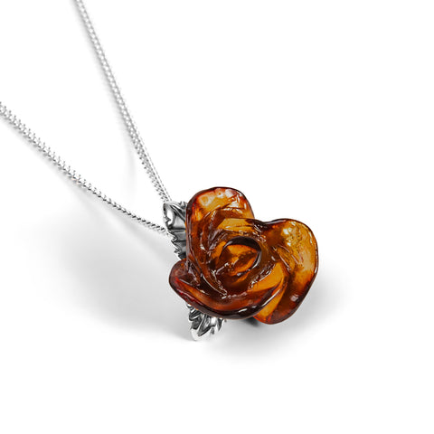 Single Rose Necklace in Silver & Amber