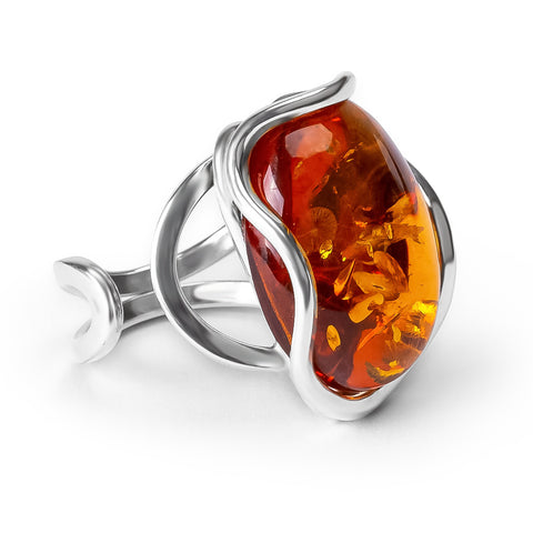 Handmade Statement Cognac Amber Ring - Natural Designer Gemstone