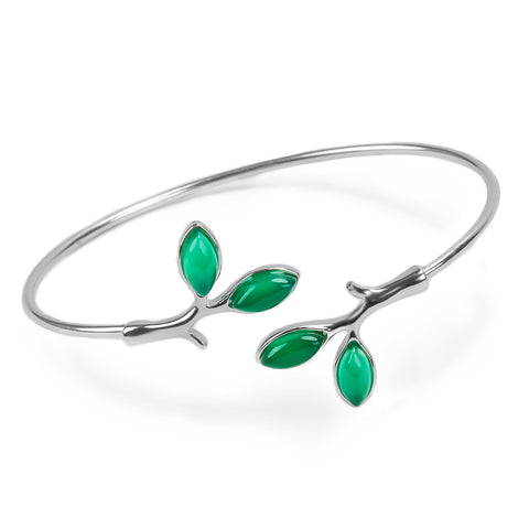 Simple Olive Leaf Branch Bangle in Silver and Green Onyx