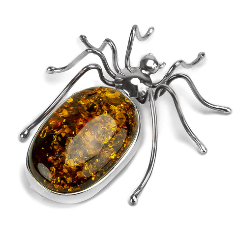 Handmade Spider Brooch in Silver and Green/Cognac Amber