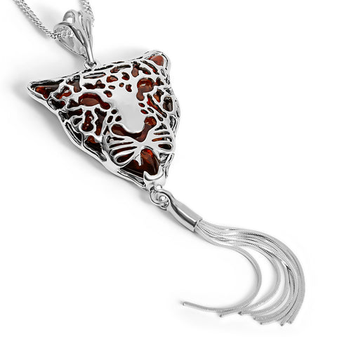 Magnificent Leopard Head Necklace in Silver and Amber