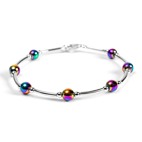 Bead Tube Bracelet in Silver and Rainbow Titanium