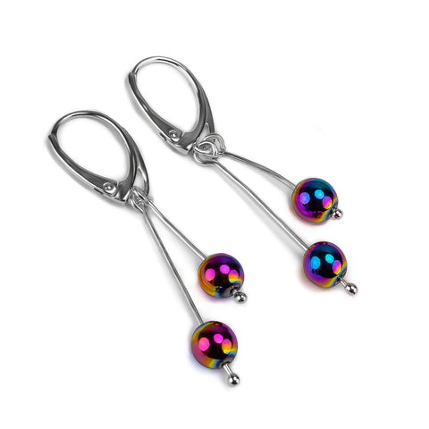 Double Drop Ball Earrings in Silver and Rainbow Titanium
