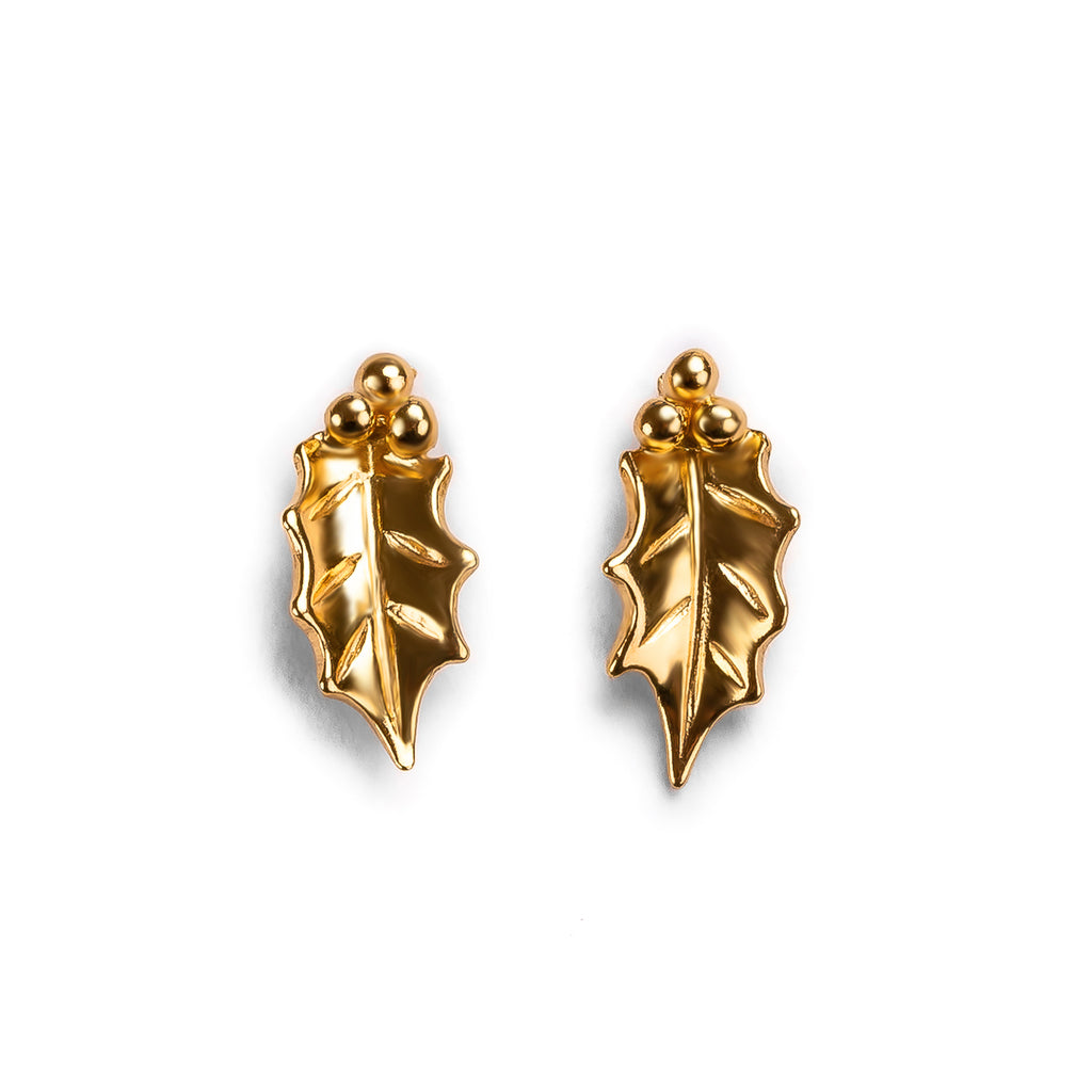 Holly Leaf Gold Earrings | Silver Stud Earrings | Henryka UK