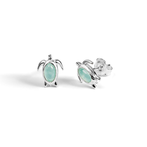 Turtle Stud Earrings in Silver & Aqua Chalcedony