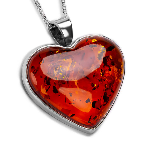 Heart Shape Cognac Amber and Silver Necklace - Natural Designer Gemstone