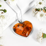 Heart Shape Cognac Amber and Silver Necklace - Natural Designer Gemstone