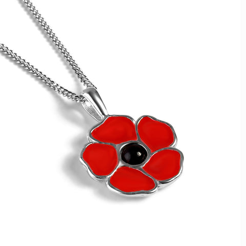 Hand-Painted Poppy Flower Necklace in Silver and Amber