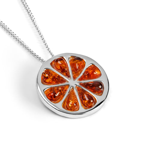 Orange Slice Fruit Necklace in Silver and Cognac Amber