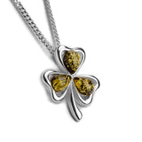 Lucky Shamrock / Clover Necklace in Silver & Green Amber