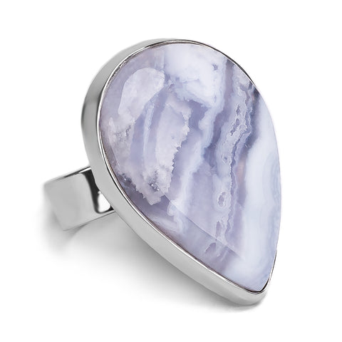 Teardrop Shape Blue Lace Agate Statement Ring - Natural Designer Gemstone