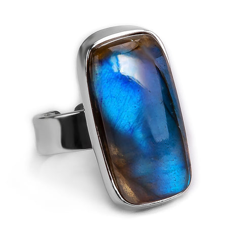 Blue Flash Labradorite Statement Ring - Natural Designer Gemstone