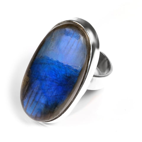 Fab Blue Flash Labradorite Statement Ring - Natural Designer Gemstone