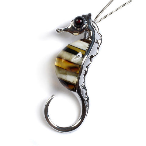 Big Striped Seahorse Necklace in Silver and Amber