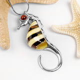 Large Striped Seahorse Necklace in Silver and Amber