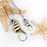 Large Striped Seahorse Necklace in Silver and Amber