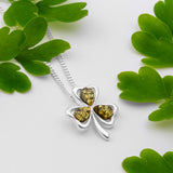 Lucky Shamrock / Clover Necklace in Silver & Green Amber