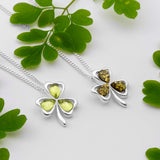 Lucky Shamrock / Clover Necklace in Silver & Green Amber