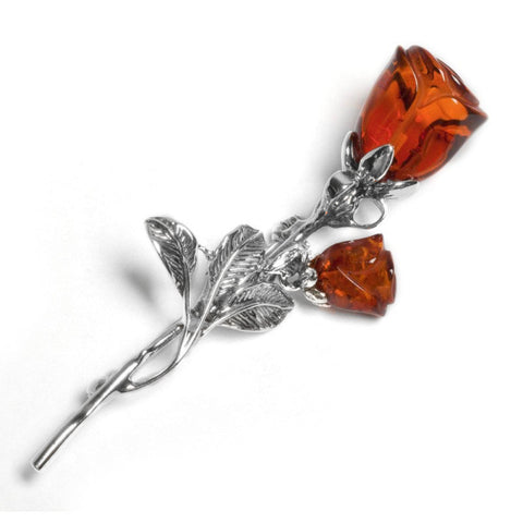 Romantic English Rose Flower Brooch in Silver and Cognac Amber