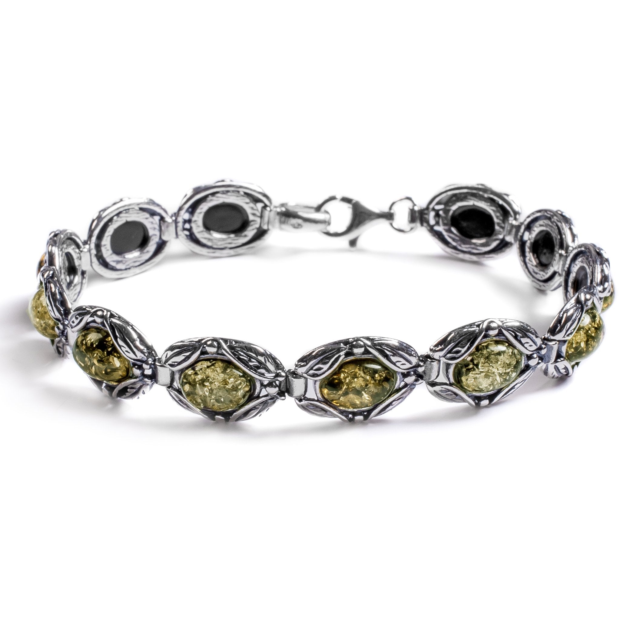 Sterling silver and amber link bracelet floral foliage organic honey buy amber 8