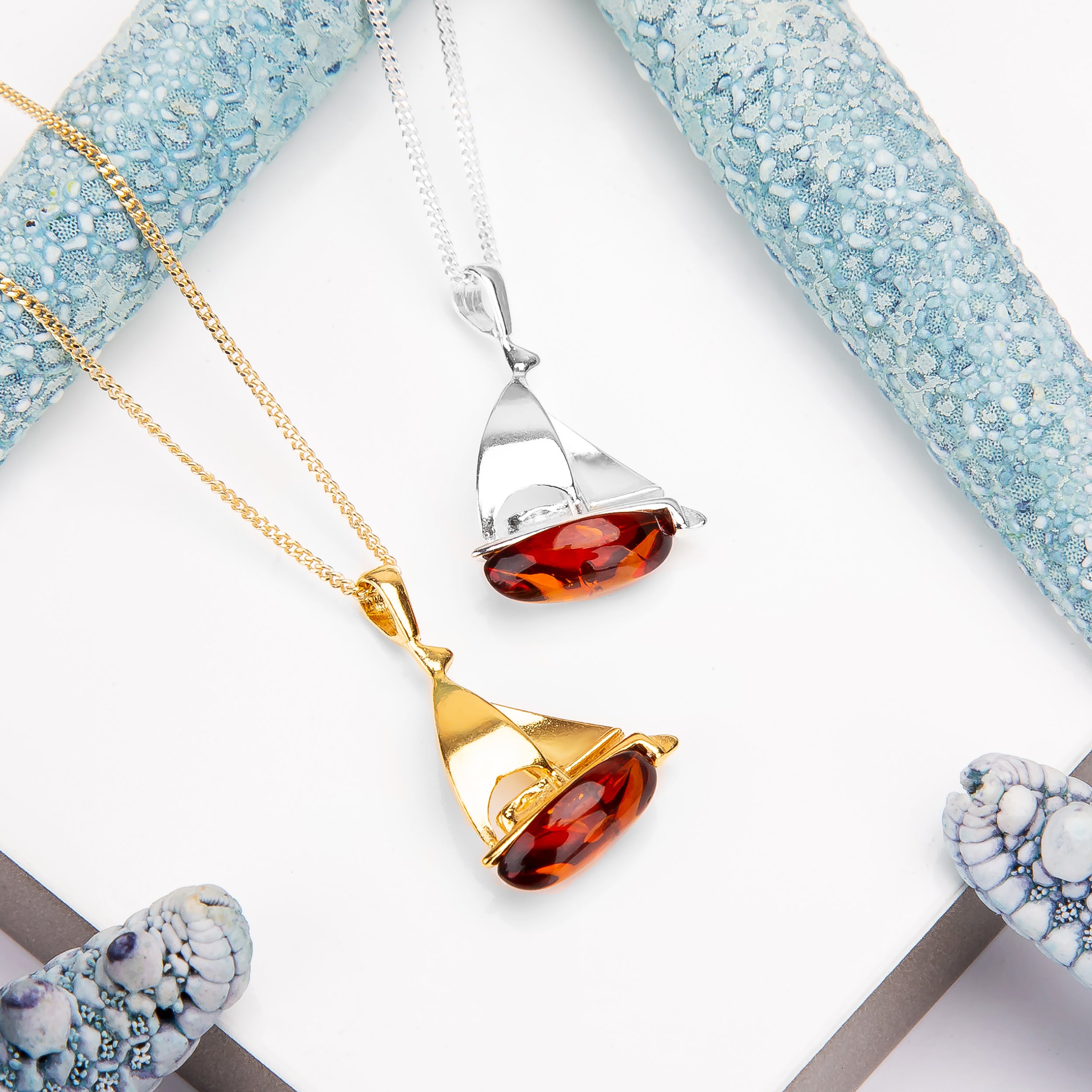Sailboat / Boat / Yacht Necklace in Amber & Silver With 24ct Gold - Gold 16/42cm