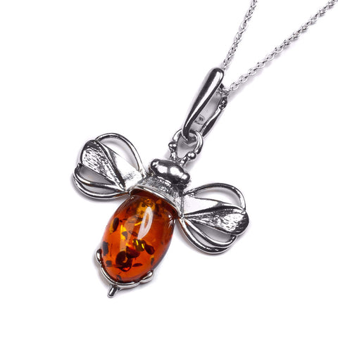 Miniature Bumble Bee Necklace in Silver and Cognac Amber