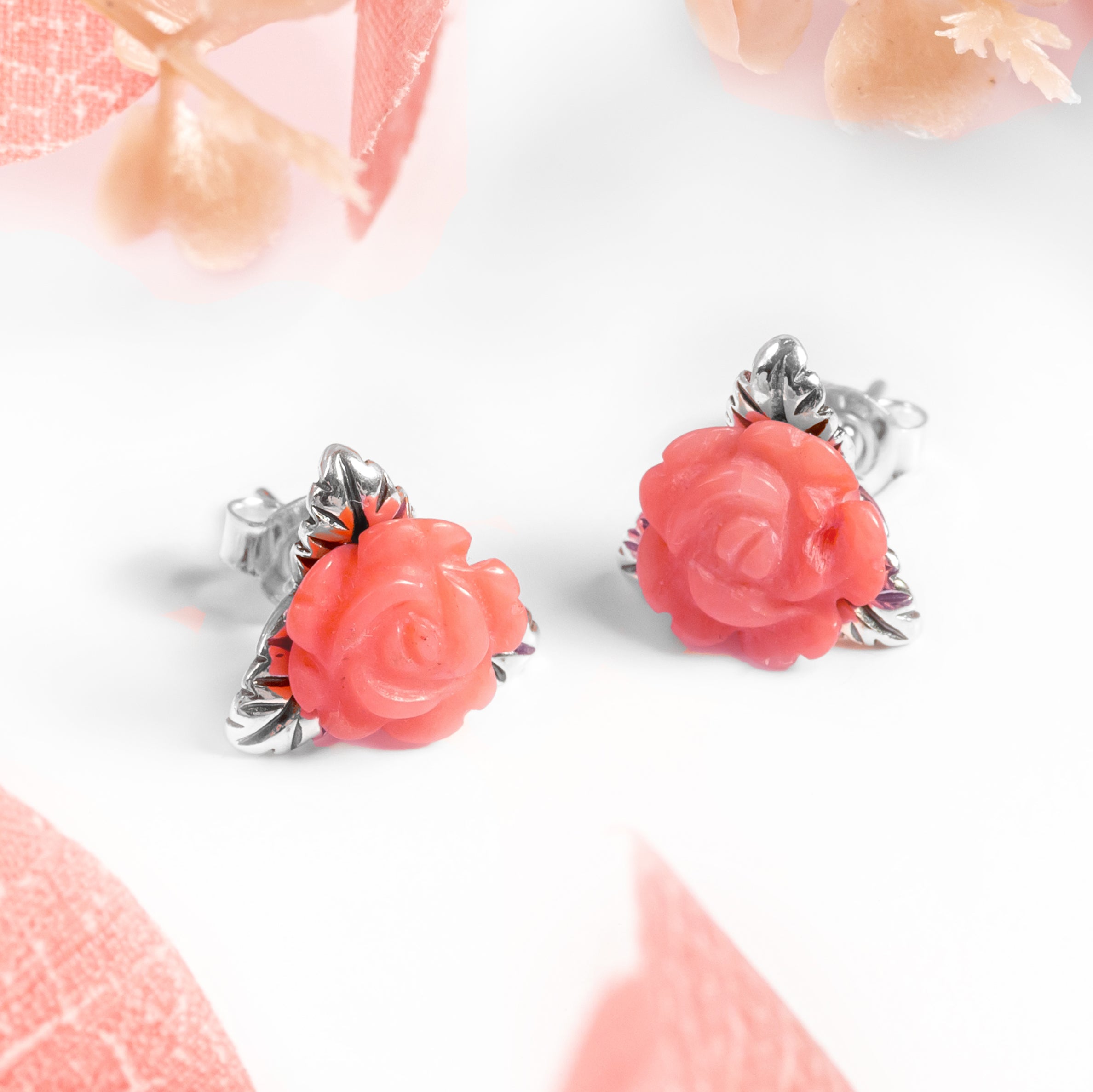 Mediterranean Red Coral Earring, Hand Carved Earrings, Pink Coral Rose, Silver 925, Natural Coral, Flower CZ hotsell Earrings, Ear Wire Earring