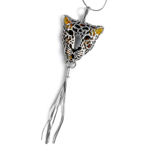 Magnificent Leopard Head Necklace in Silver and Amber